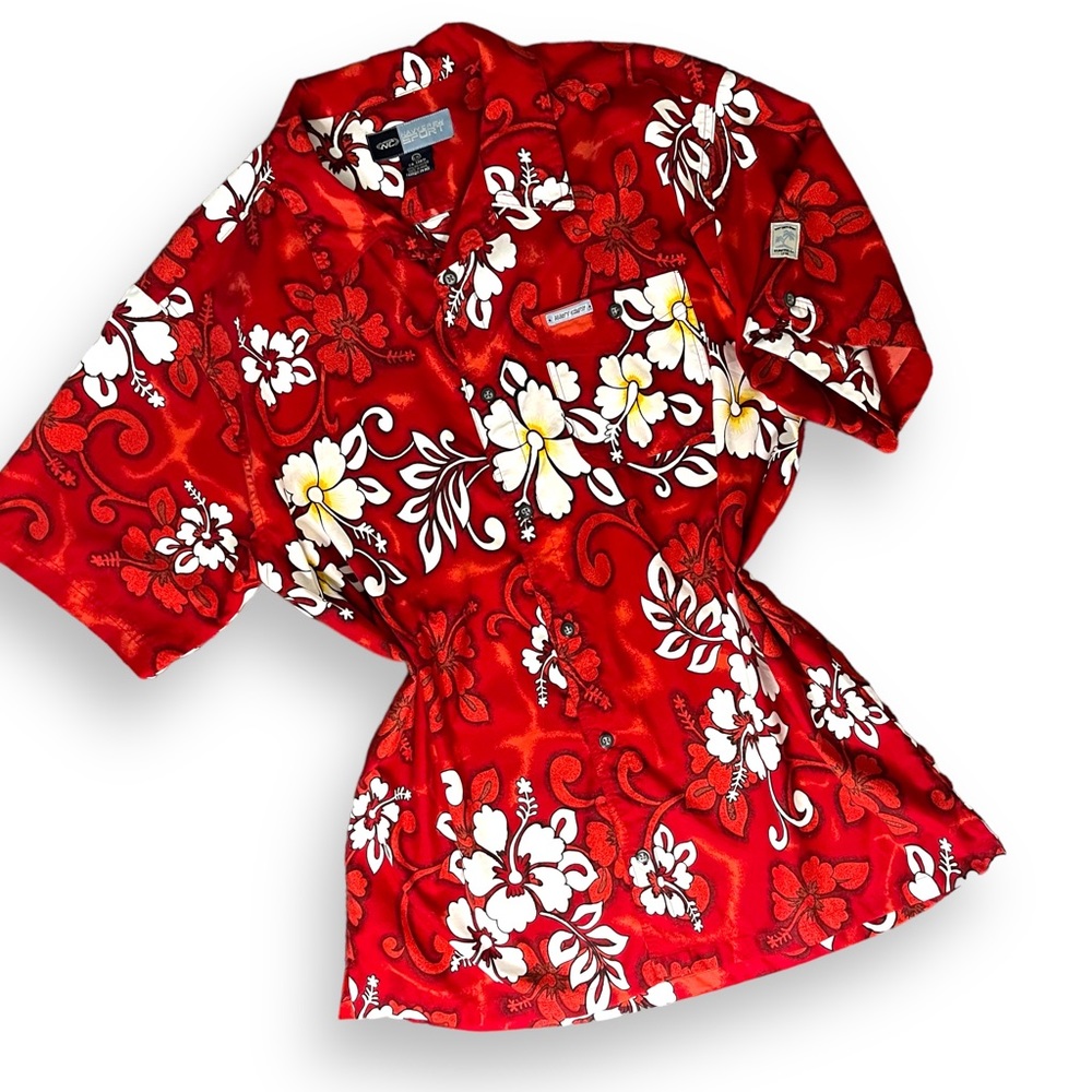 Red Floral Hawaiian Vintage Button Down Shirt - Picture 2 of 12